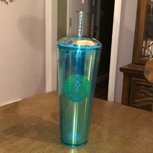 Starbucks dome top teal cold cup.